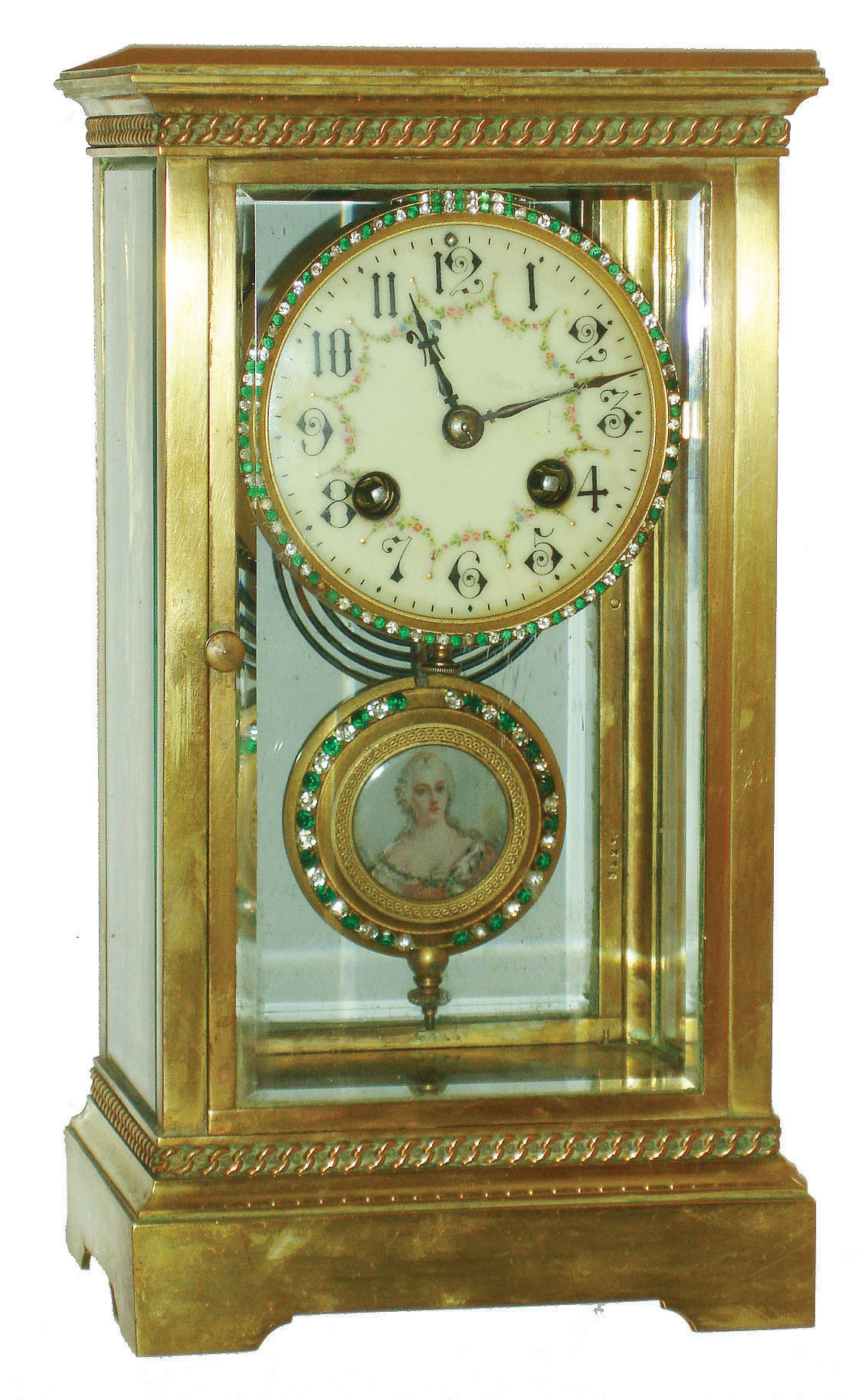 French brass and beveled glass 8 day time and strike crystal regulator, with woman's portrait pendulum, c1900 — Antique Clocks Price Guide
