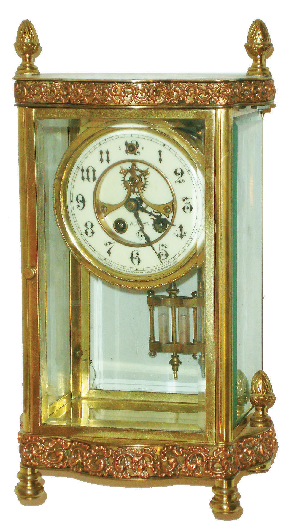 Gilbert Clock Company, Winsted, Conn., "Villeray" brass and beveled glass 8 day time and strike crystal regulator, visible escapement, c1906 — Antique Clocks Price Guide