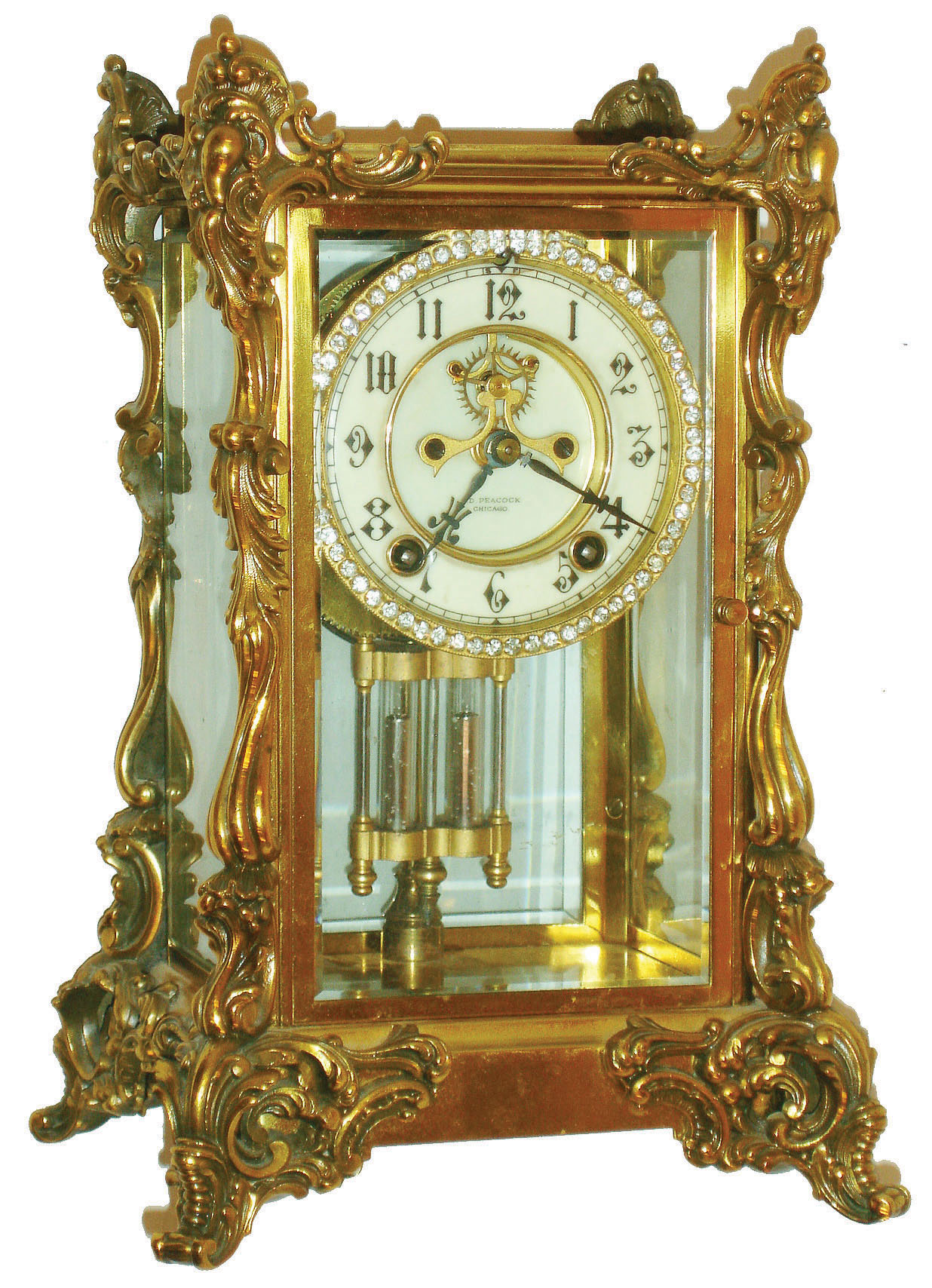 Ansonia Clock Co., New York, "Duke" brass and beveled glass 8 day time and strike crystal regulator, visible escapement, c1904 — Antique Clocks Price Guide