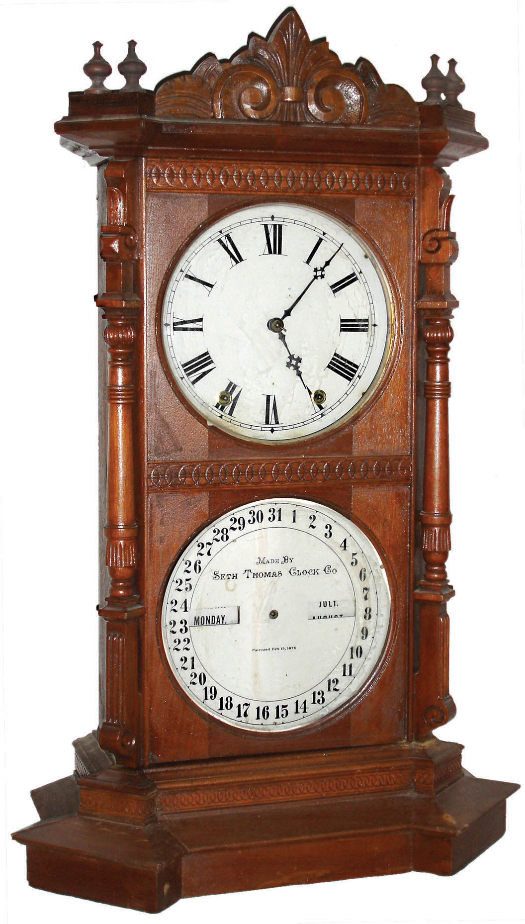 Seth Thomas Clock Co., Thomaston, CT, "Parlor Calendar No. 8" walnut 8 day time and strike calendar shelf clock, dated 1885 — Antique Clocks Price Guide