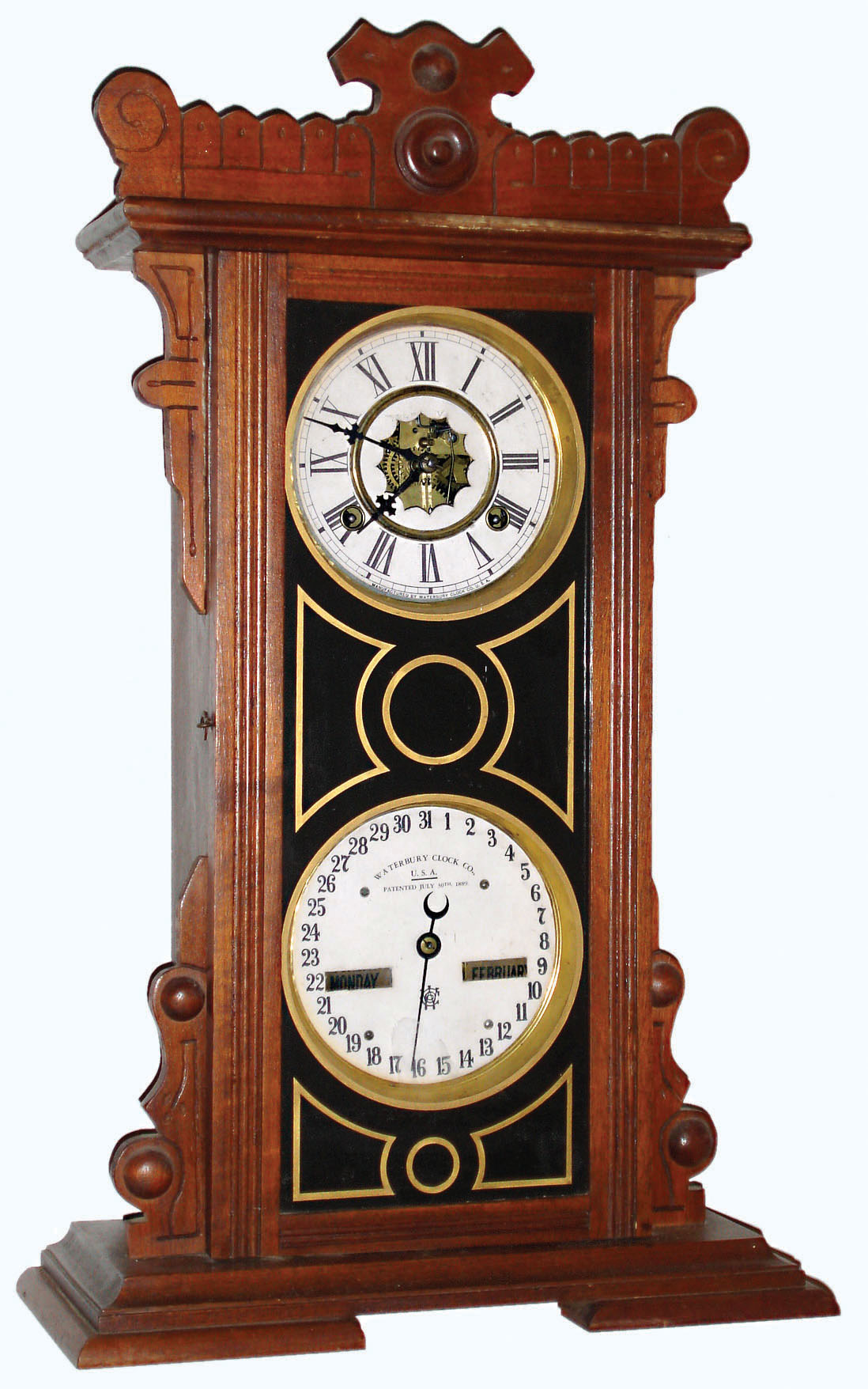 Waterbury Clock Co., Waterbury, CT, "Calendar No. 44" walnut 8 day time and strike calendar shelf clock, c1891 — Antique Clocks Price Guide