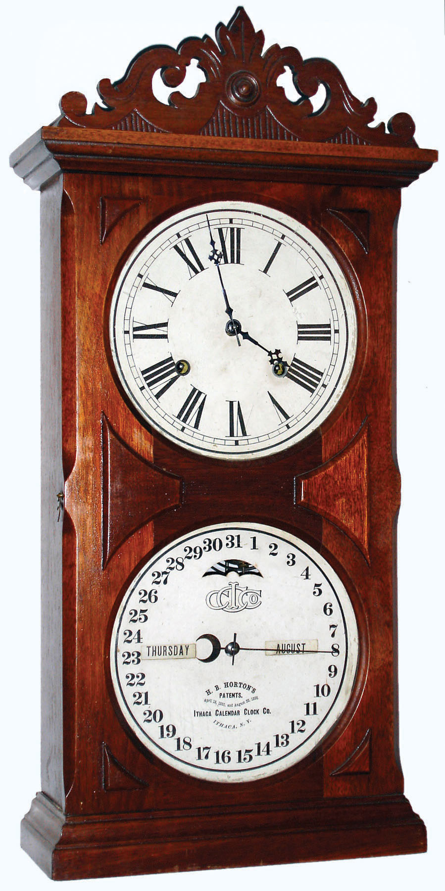 Ithaca Calendar Clock Co., Ithaca, N.Y., "No.10 Farmer's Model" walnut 8 day time and strike calendar shelf clock, dated 1887 — Antique Clocks Price Guide
