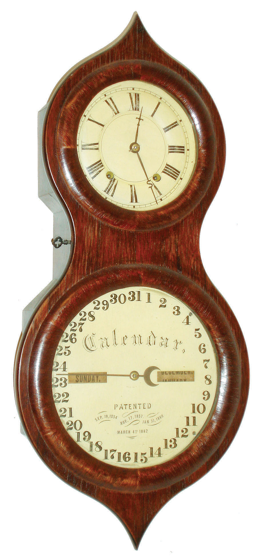 Seth Thomas Clock Co., Thomaston, Conn., "Office Calendar No. 3" or "Peanut" 8-day double dial calendar, c1868 — Antique Clocks Price Guide