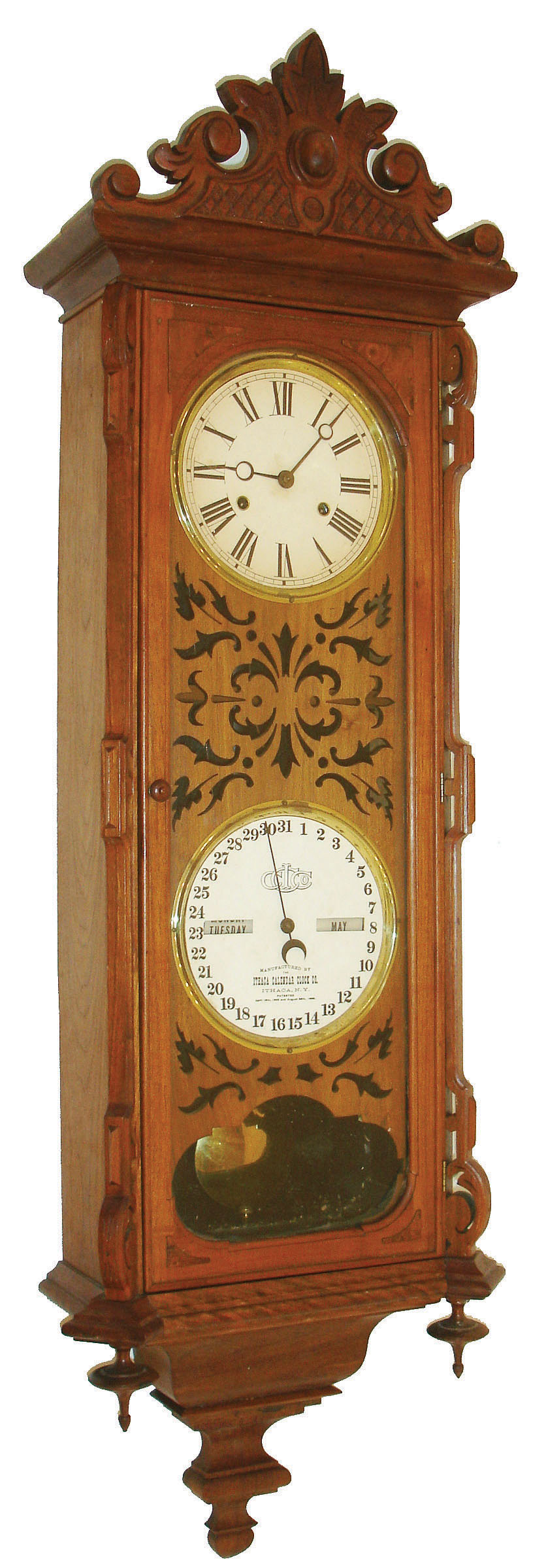 Ithaca Calendar Clock Co., Ithaca, New York, "No. 3 Vienna" reproduction wall clock, 30 days, time and perpetual calendar, spring driven movement made by E.N. Welch & Co. in a walnut case with papered dials, movement c1880, remainder of clock of recent vintage — Antique Clocks Price Guide