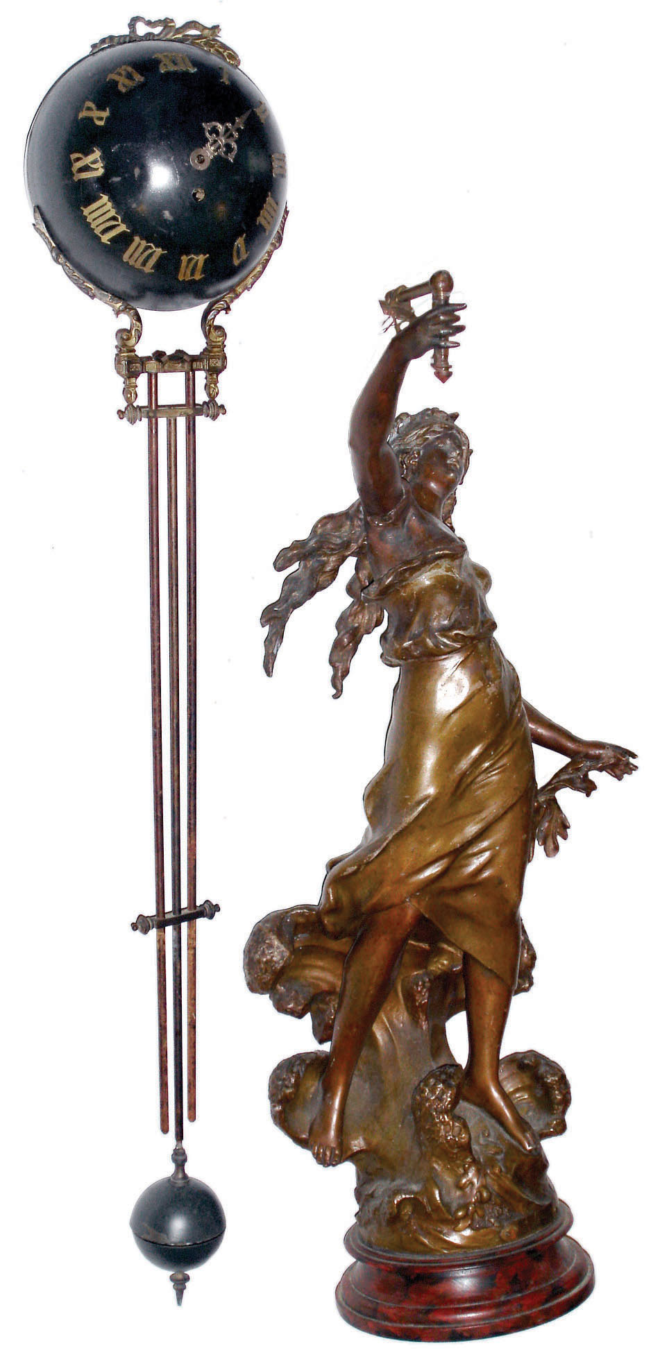 French large spelter figural 8 day swinger, c1900 — Antique Clocks Price Guide