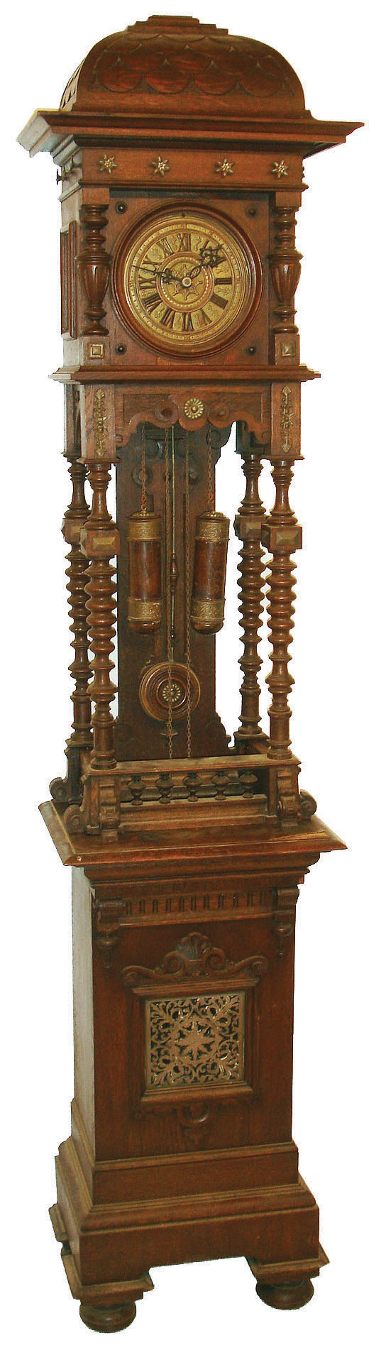 German tall clock, 30 hours, time and strike, weight driven wag-on-wall type movement in an oak case with brass appliques and brass dial, c1850 — Antique Clocks Price Guide