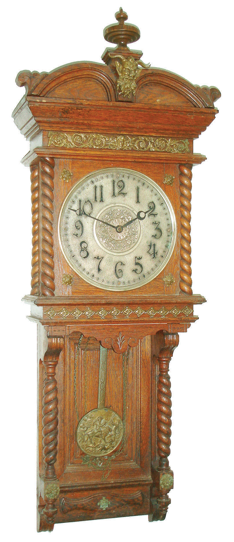 Ansonia Clock Co., New York, "Niobe" oak time and strike weight driven wall regulator with fancy cast pendulum, c1904 — Antique Clocks Price Guide