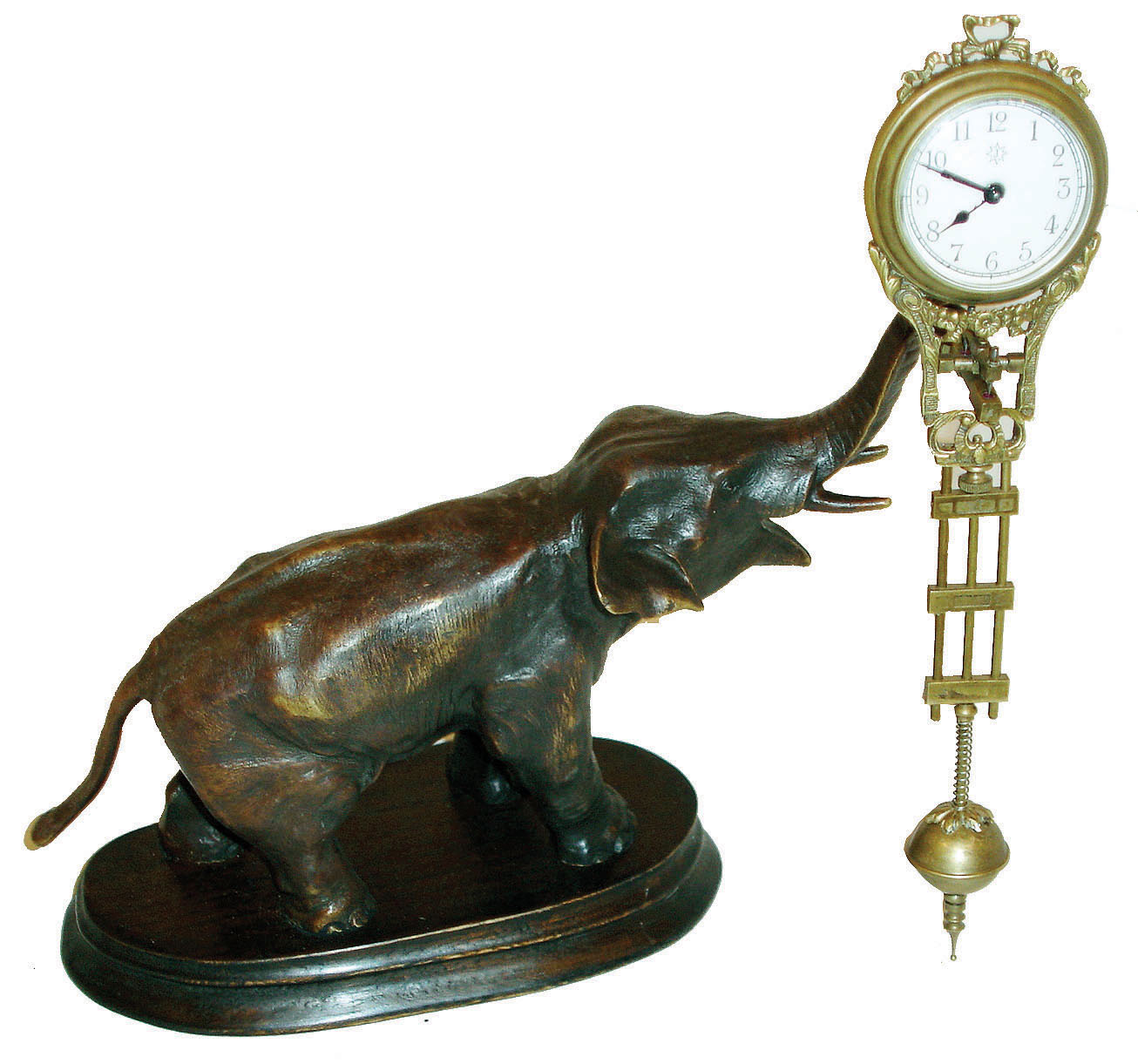 Elephant swinging clock, Chinese reproduction 8 day time only novelty clock with blue cloth box, c1990 — Antique Clocks Price Guide