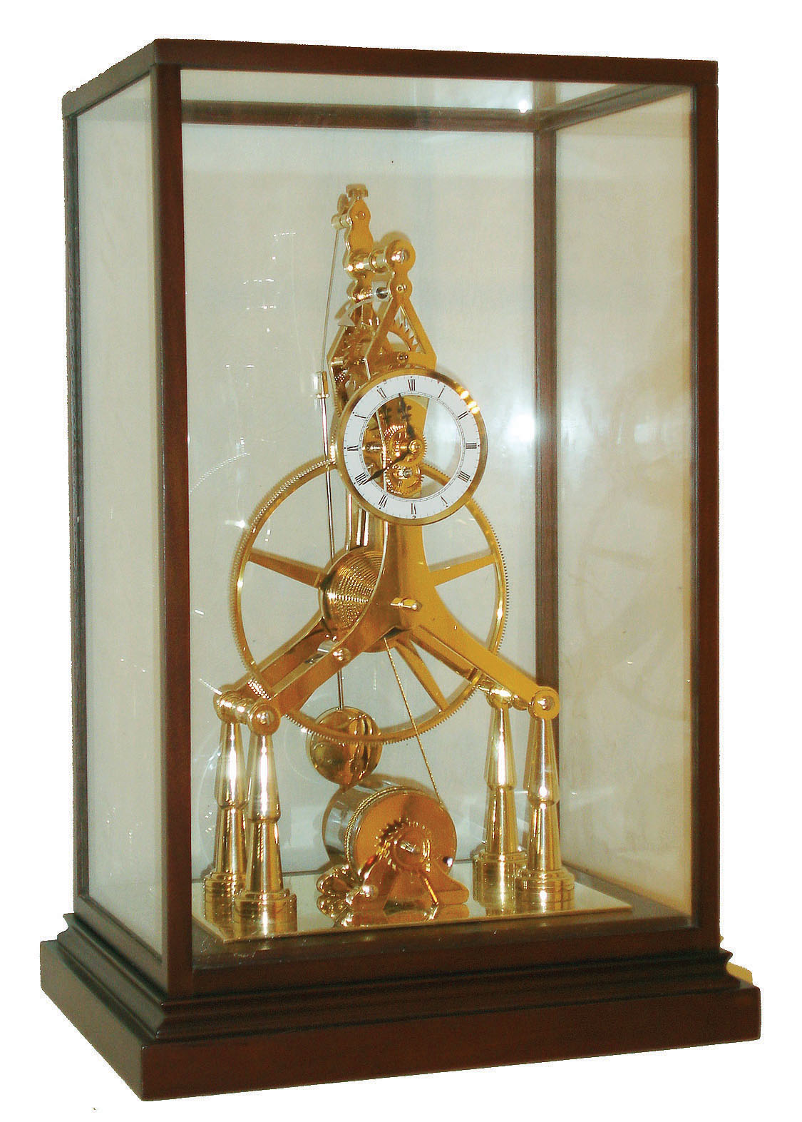 Proclocks Chinese reproduction great wheel skeleton clock on wood base with glass and wood cover, c1990 — Antique Clocks Price Guide