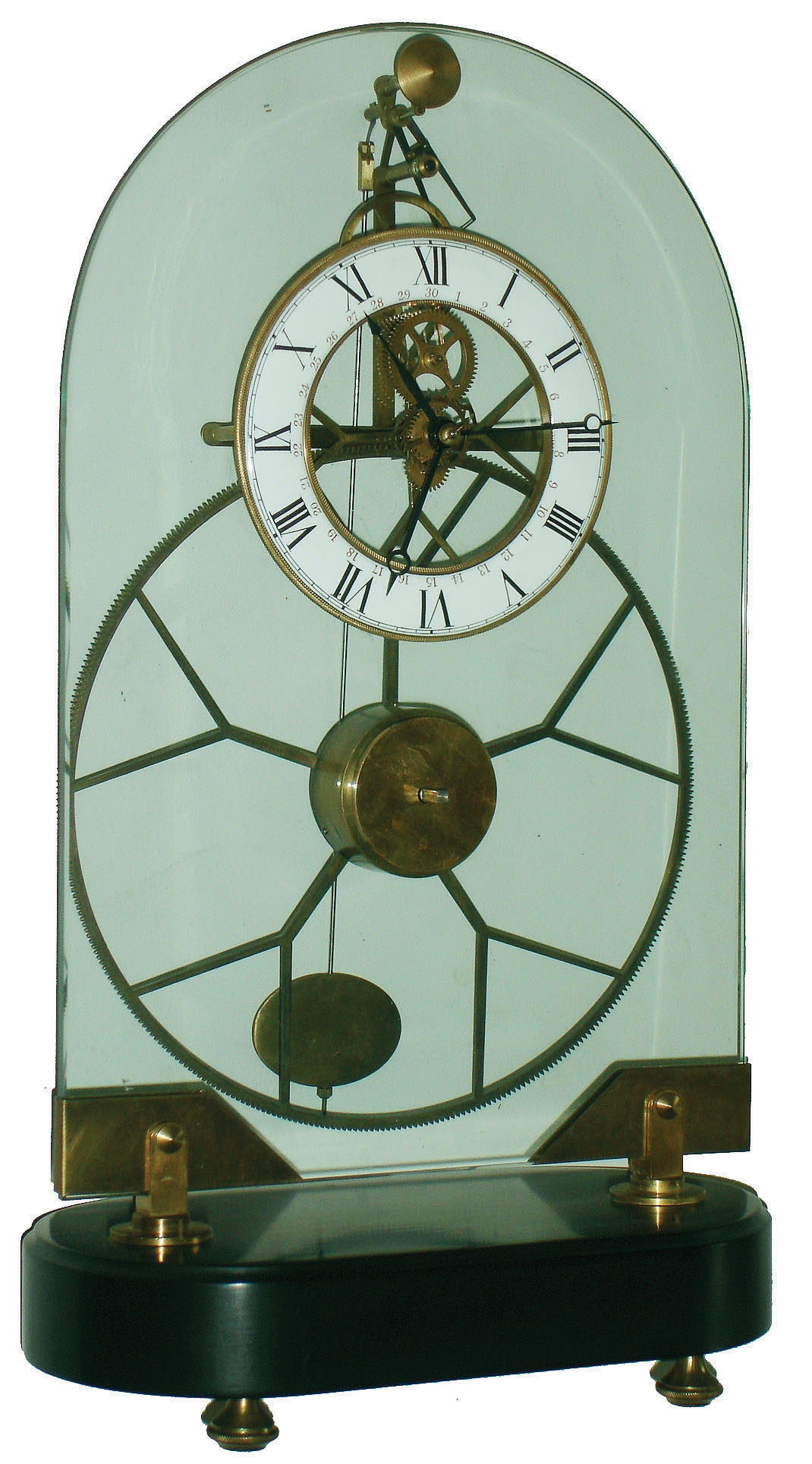 Asian reproduction of 8 day calendar skeleton clock with oversize great wheel, brass and glass, on ebonized wood base, (no dome), modern — Antique Clocks Price Guide