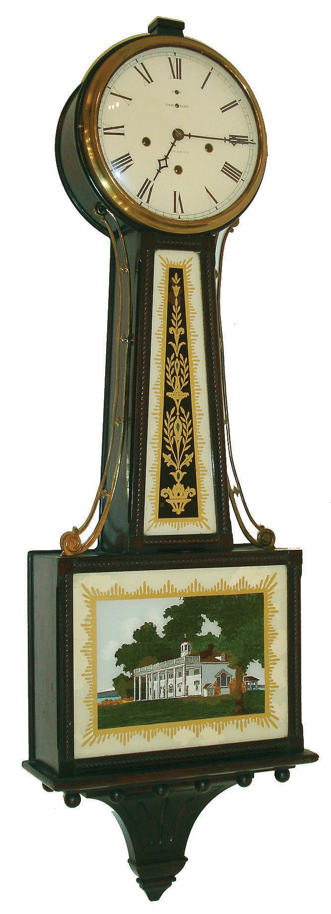 New Haven Clock Co., New Haven, Conn., 8 day, time, strike and Westminster chime patent or banjo clock.   c1923 — Antique Clocks Price Guide