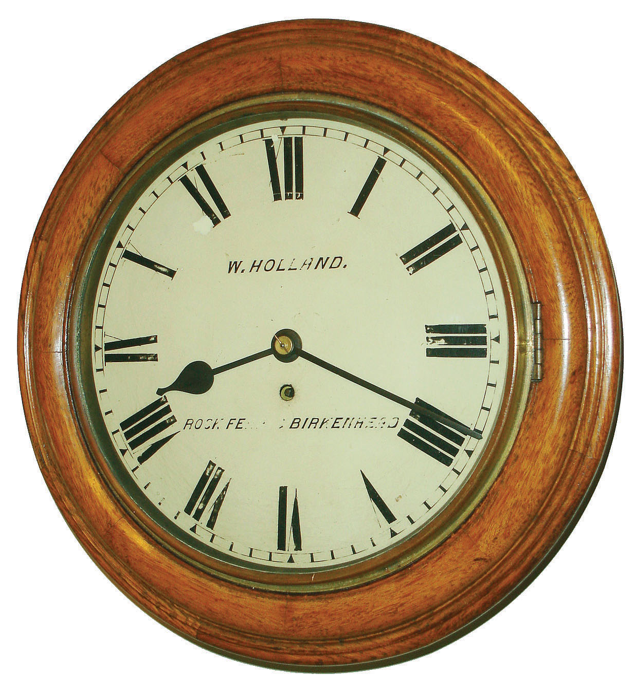 W. Holland, Rock Ferry, Birkenhead, English oak 8 day fusee time only wall clock, c1890 — Antique Clocks Price Guide