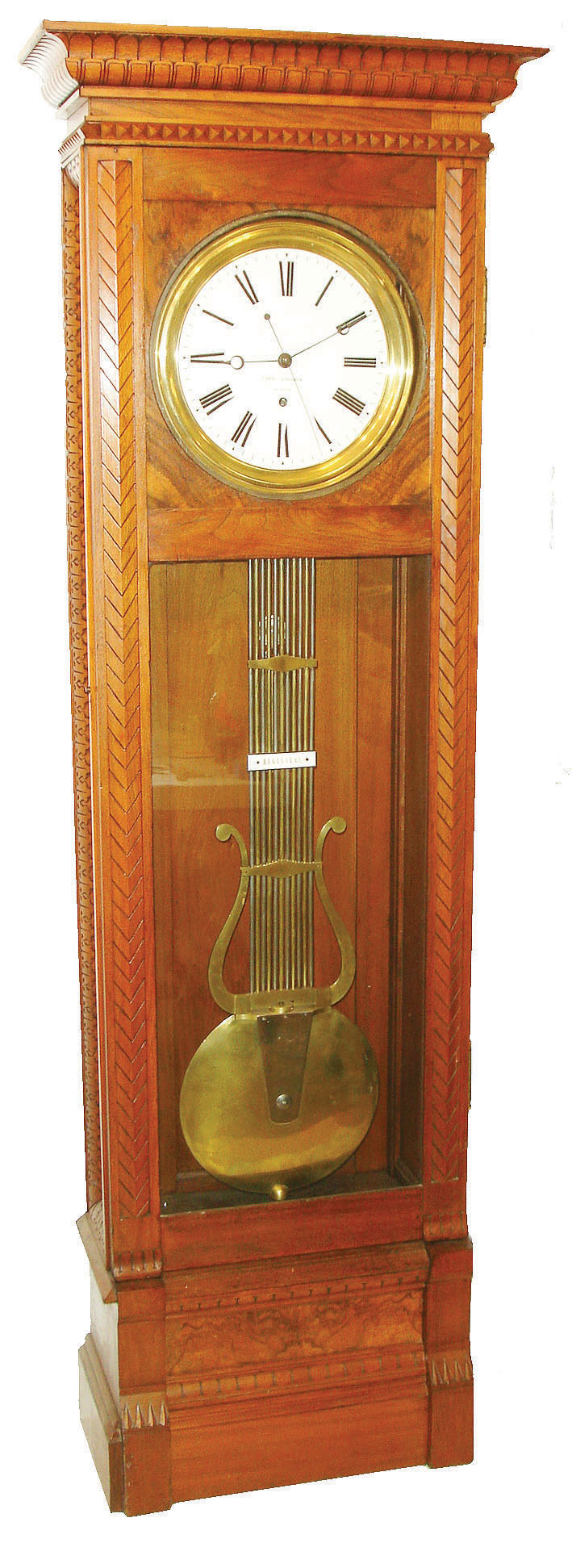 French jeweler's regulator standing floor clock, 8 days, time only, weight driven movement with pinwheel escapement and gridiron pendulum in a custom made black walnut case with carved moldings, recessed burled panels surrounded by picture frame moldings and white enamel dial with sweep seconds signed "Lamy LaCroix a Paris", c1880 — Antique Clocks Price Guide