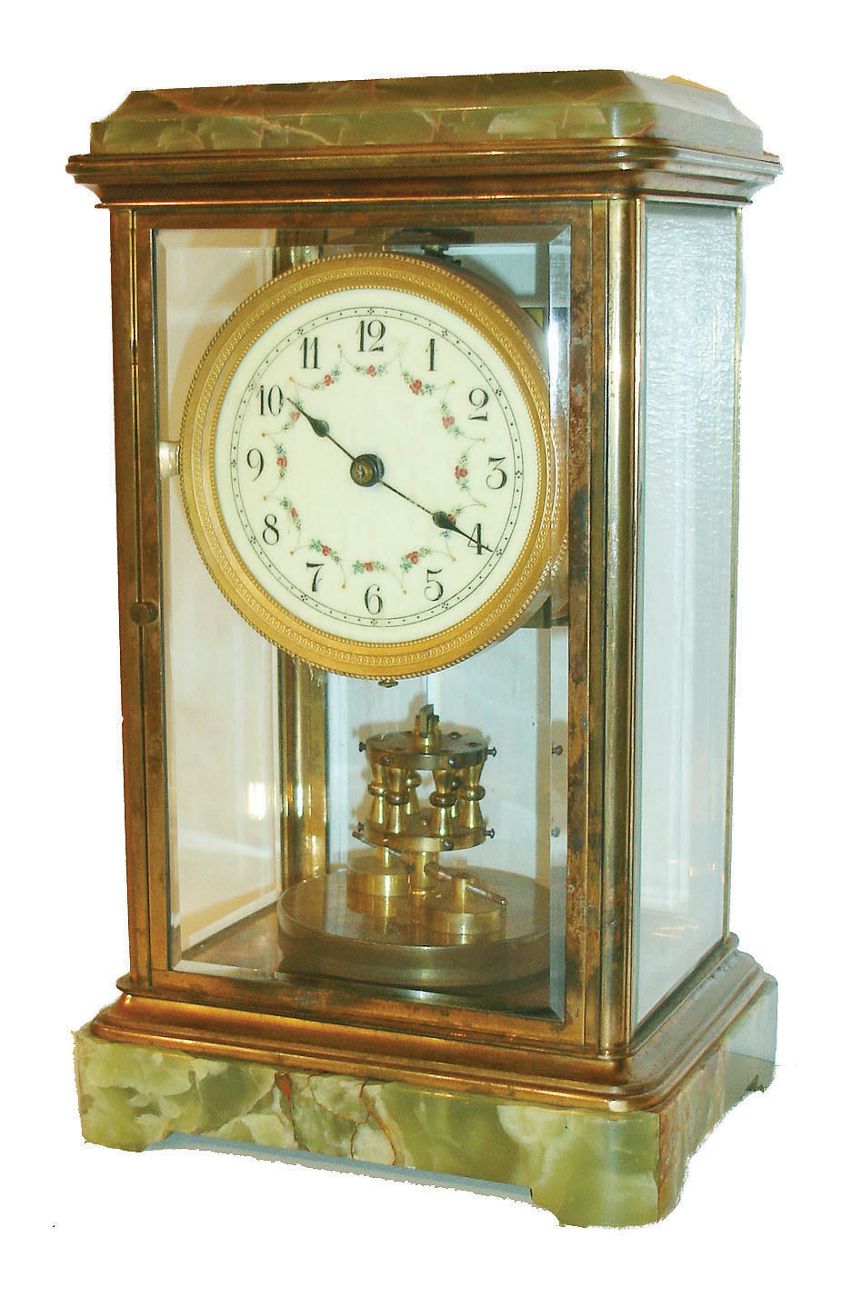 Germany, year running crystal regulator, gilt brass case with green onyx top and base, the stone with areas of white and red, beveled glasses, gilt, engine turned bezel, Arabic numeral white enamel dial with floral garland decoration, blued steel spade hands, rectangular brass movement with disc pendulum,  back plate marked "Patent Angemeldet/ Patents Applied", c1900 — Antique Clocks Price Guide