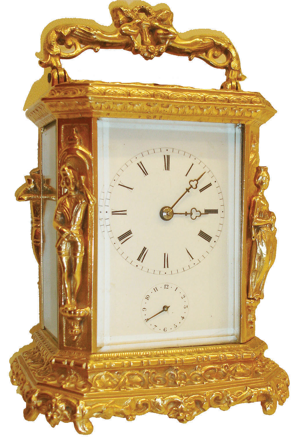Japy Freres & Cie., France, carriage clock, the gilt Caryatid style case with beveled glasses, ornamented with leaves and trailing vines, figures in niches at the corners, and figural handle, Roman numeral white enamel dial with blued steel trefoil hands, Arabic alarm chapter with blued steel hand, signed 8 day brass time, strike and alarm movement, striking the hours in passing and repeating on demand, silvered lever platform, c1870 — Antique Clocks Price Guide