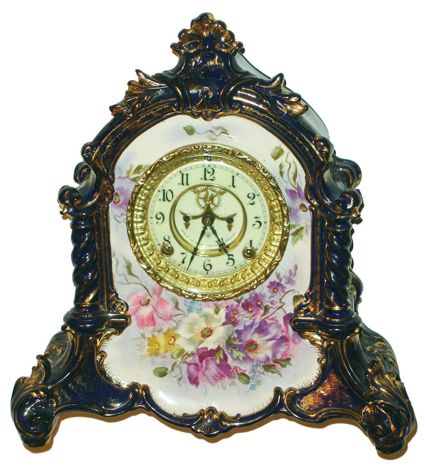 Ansonia Clock Co., New York, "La Verdon" Royal Bonn 8 day time and strike porcelain mantel clock, visible escapement, in cobalt blue c1901 — Antique Clocks Price Guide