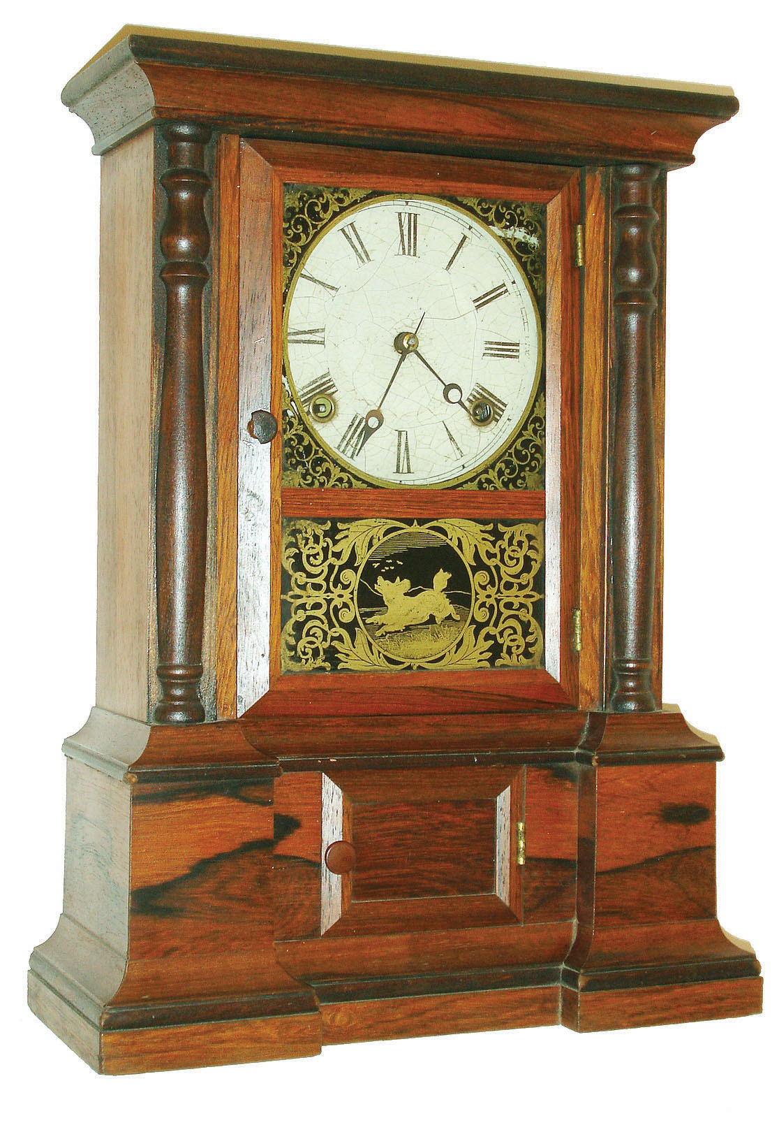 Atkins Clock Co., Bristol, Conn., "London" 8 day, time and strike rosewood veneered shelf clock, c1865 — Antique Clocks Price Guide