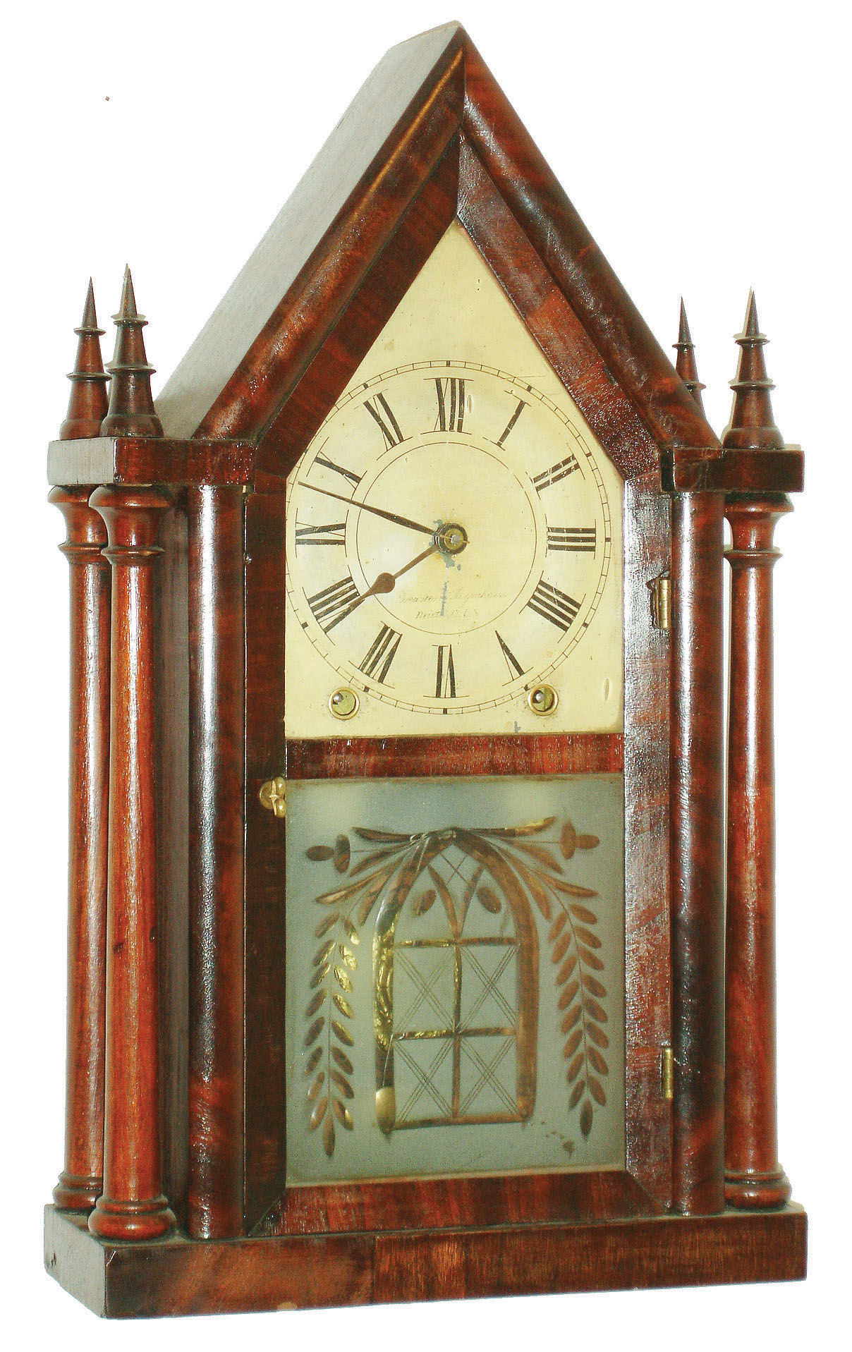 Brewster and Ingrahams, Bristol, Conn., 8 day, time and strike four column sharp gothic or steeple clock, c1850 — Antique Clocks Price Guide