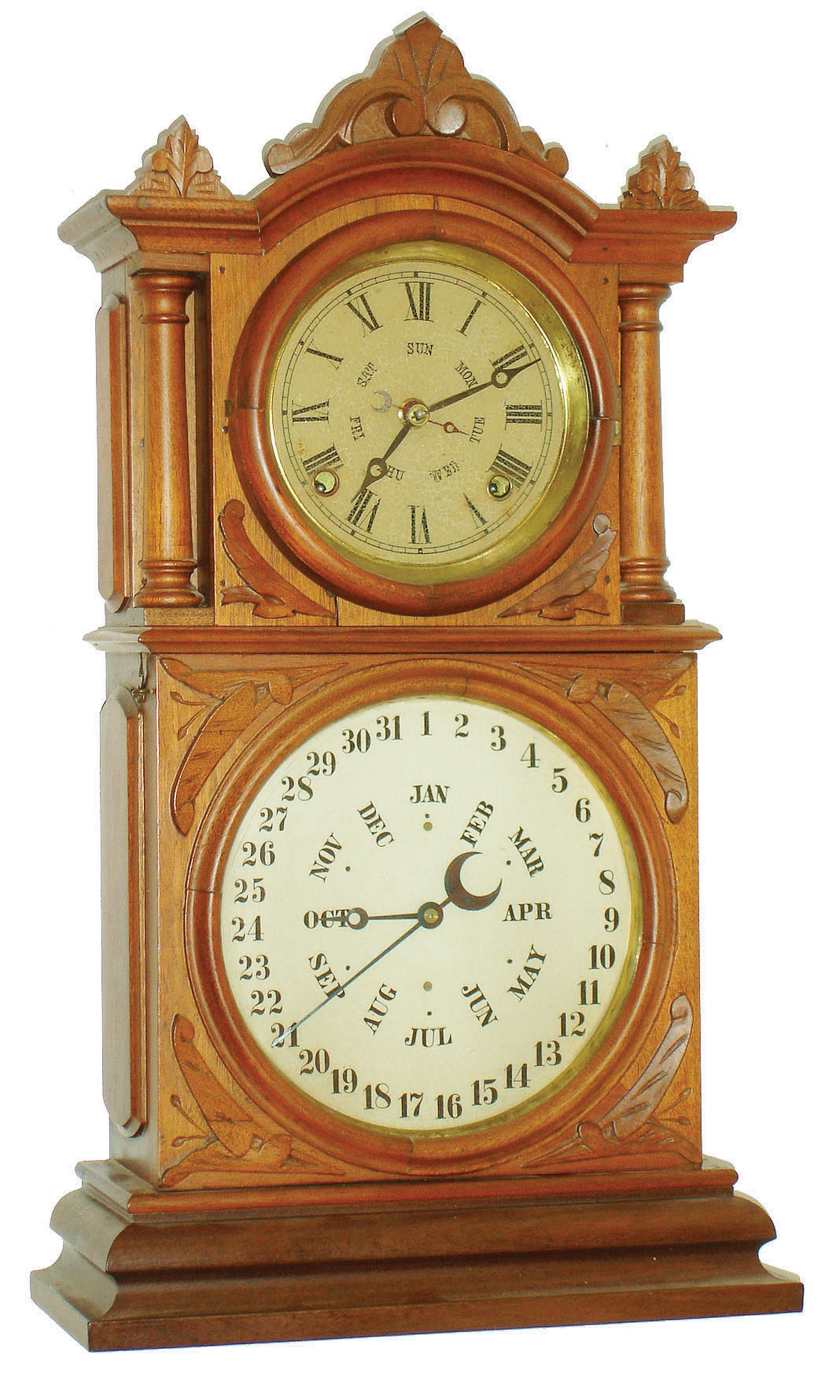 E. Ingraham  & Co., Bristol, Conn., "Ingraham Calendar", 8 day, time and strike double dial calendar clock with a BB Lewis calendar, c1881 — Antique Clocks Price Guide