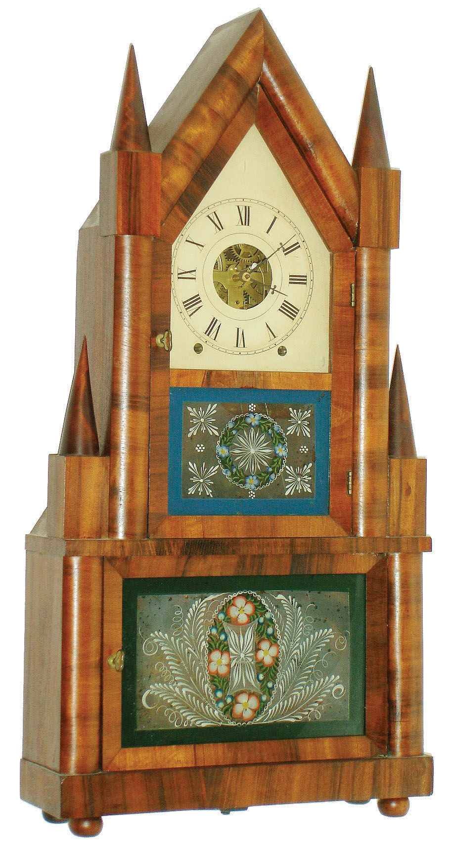 Birge and Fuller, Bristol, Conn., retailed by Daniel Pratt, Jr., Boston, 8 day, wagon spring time and strike steeple on frame or double steeple clock, c1845. — Antique Clocks Price Guide