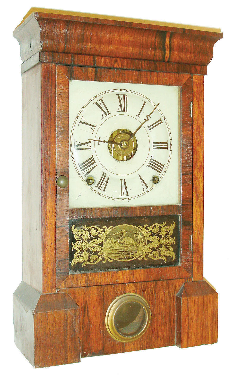 Seth Thomas Clock Co., Thomaston, Conn., 8 day, time, strike and alarm small cornice top shelf clock, c1870. — Antique Clocks Price Guide