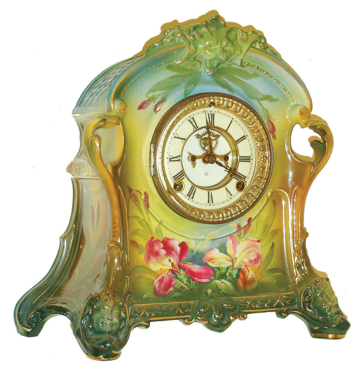Ansonia Clock Co., New York, NY, "La Plata" Royal Bonn mantel clock, 8 days, time and strike, spring driven movement in a multicolor porcelain case with exposed escapement and white enamel dial, c1915 — Antique Clocks Price Guide