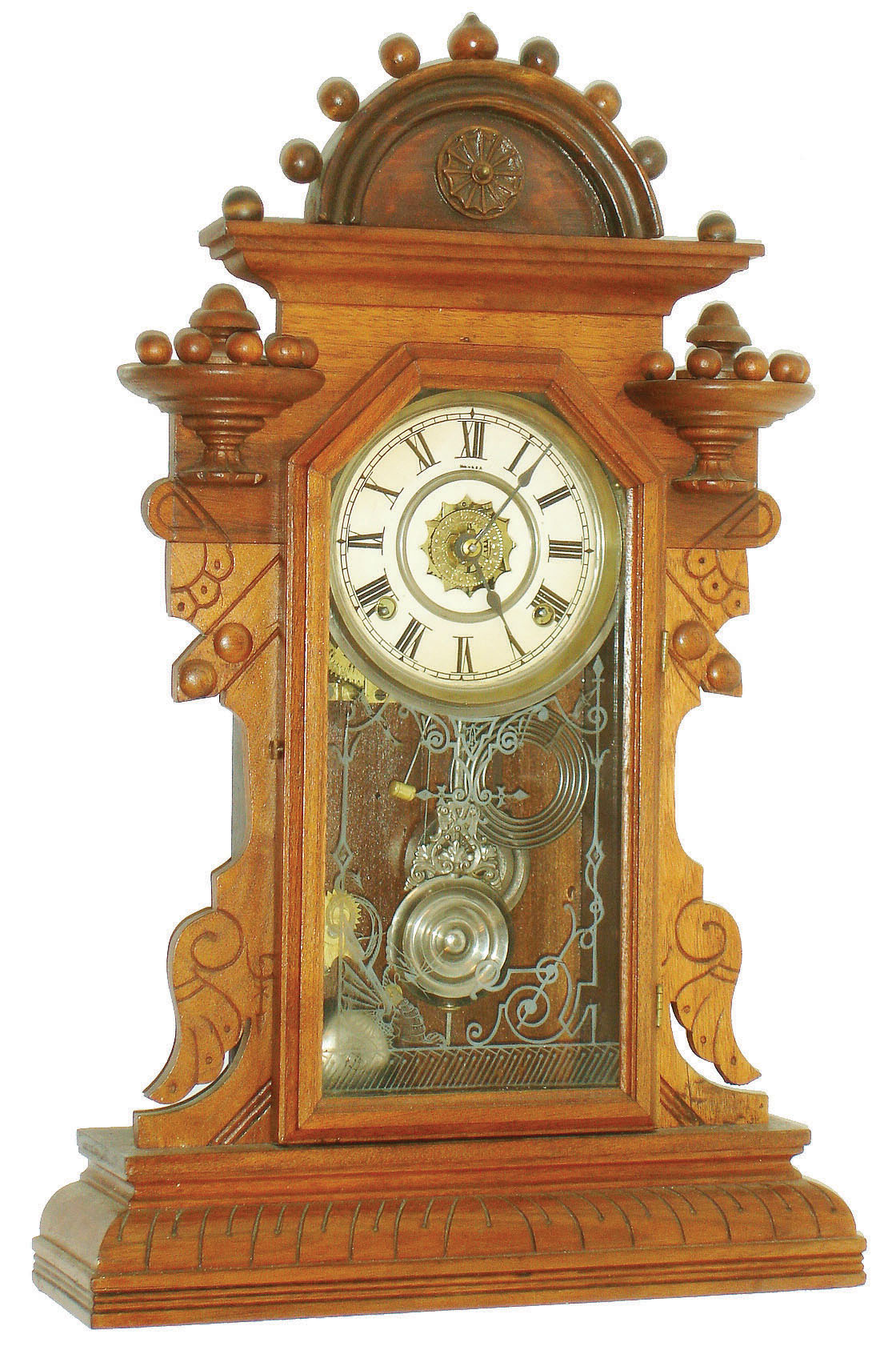 Waterbury Clock Co., Waterbury, Conn., "Hudson", 8 day, time, strike and alarm walnut mantel clock, c1893 — Antique Clocks Price Guide