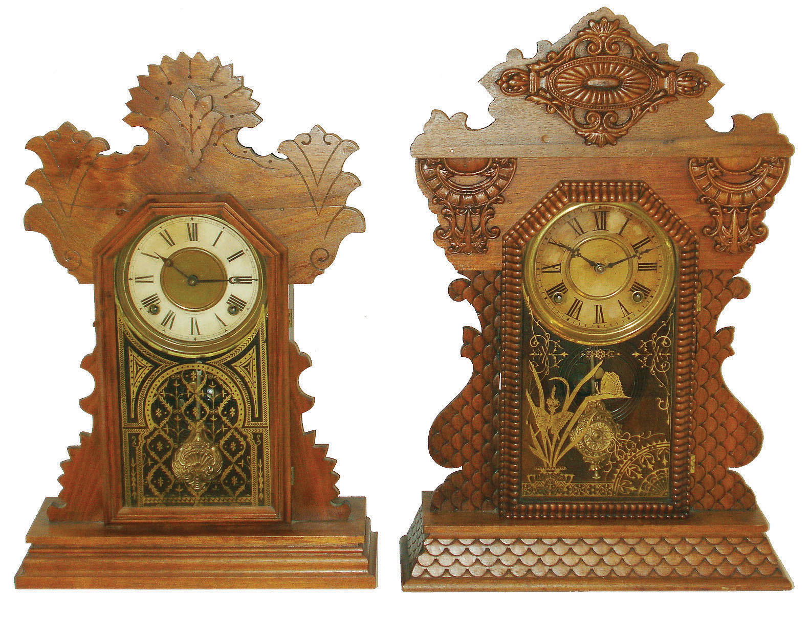 Clocks- 2 (Two) walnut shelf clocks: (1) E.N. Welch Mfg. Co. "Assortment B, No. 7" 8 day time and strike c1900 and (2) E. Ingraham & Co., "Rose", 8 day, time and strike shelf clock, c1896 — Antique Clocks Price Guide