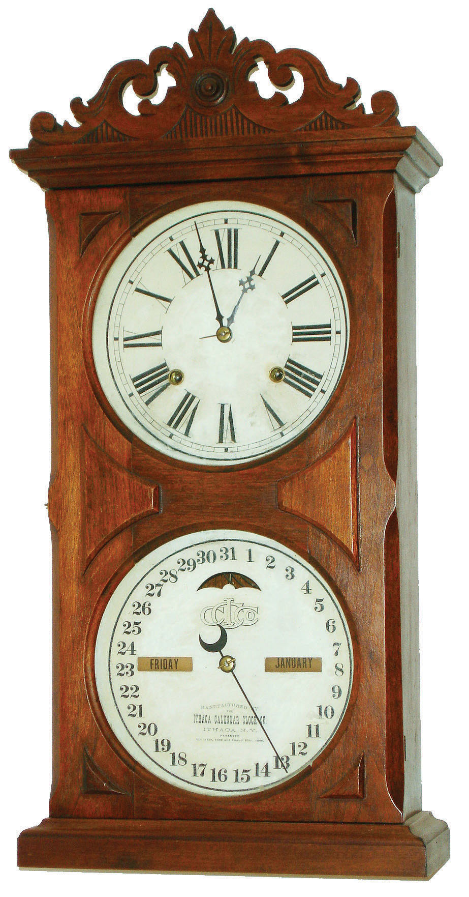 Ithaca Calendar Clock Co., Ithaca, New York, "No. 10 Farmer's" , 8 day time and strike double dial calendar clock, c1880 — Antique Clocks Price Guide