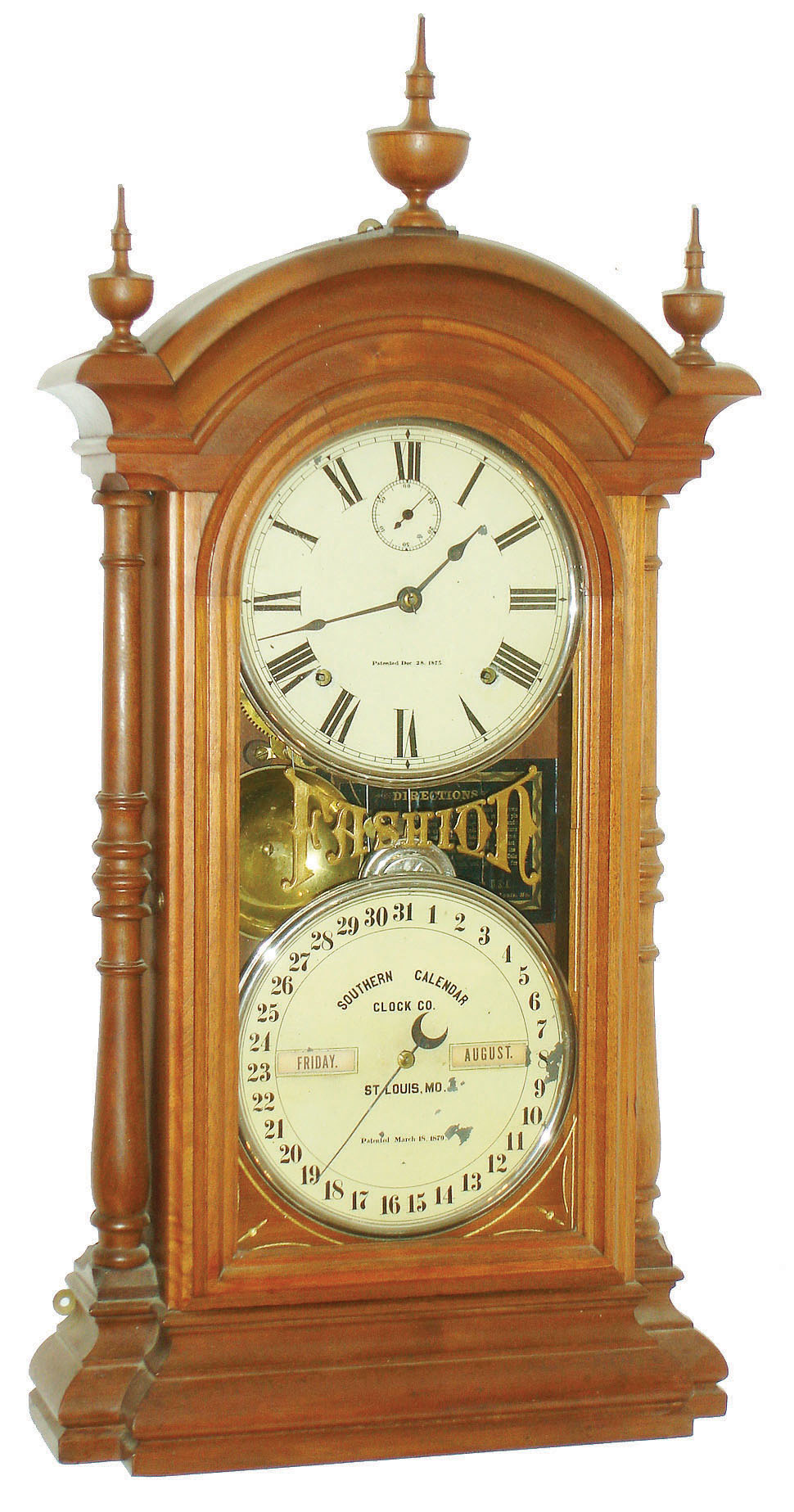 Southern Calendar Clock Co., St. Louis, MO,  "Fashion No. 3" 8 day, time and strike double dial calendar shelf clock, c1880 — Antique Clocks Price Guide