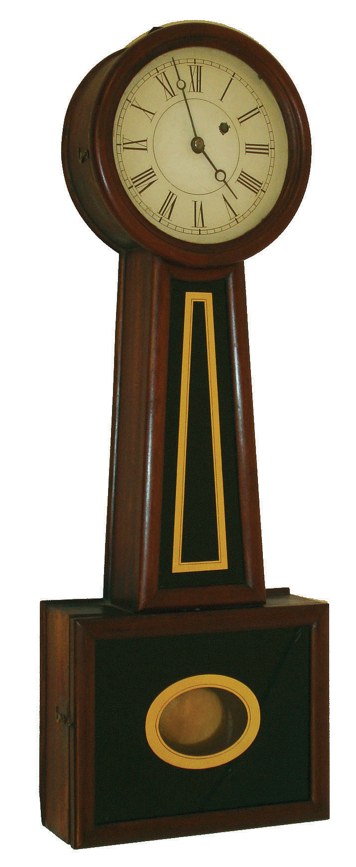 Unknown, possibly an Attleboro 8 day, weight brass movement patent or banjo clock or timepiece,  c1865 — Antique Clocks Price Guide