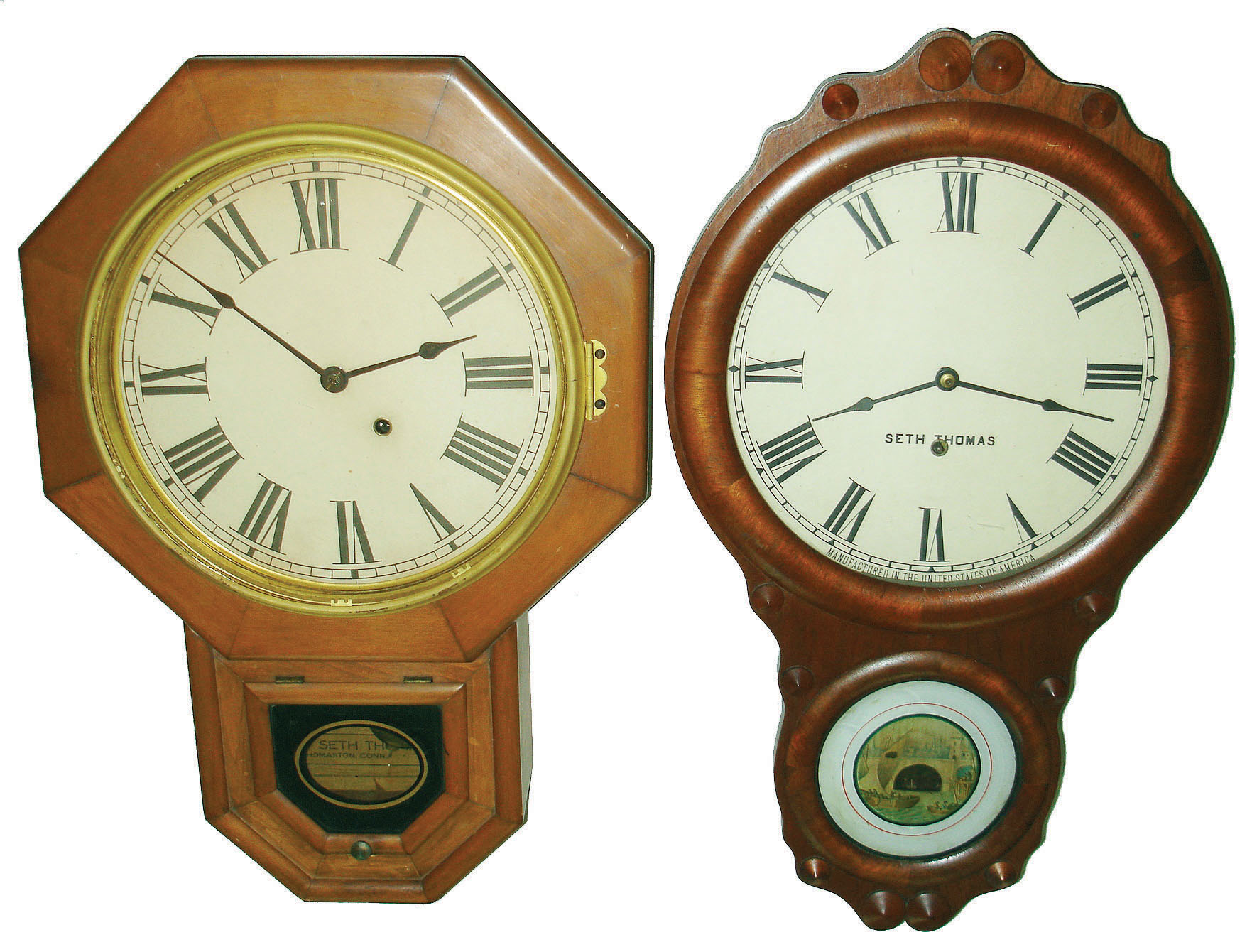 Clocks- 2 (Two)  Seth Thomas 8 day time only wood wall clocks: "Office No. 1" c 1875; "12 Inch Drop Octagon", c1909 — Antique Clocks Price Guide