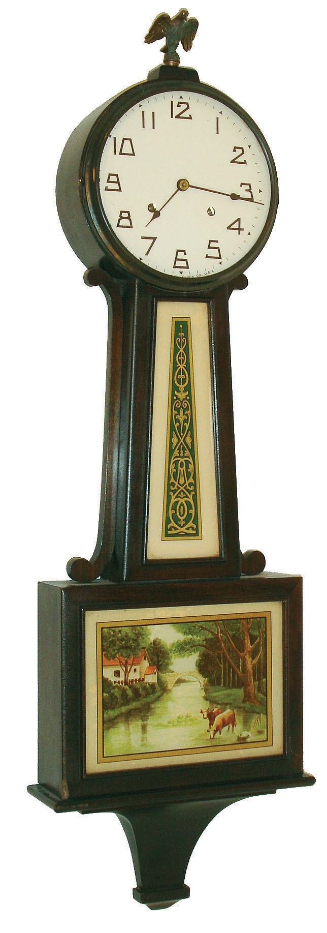 New Haven Clock Co., New Haven, Conn., "Waring", 8 day, time and strike spring brass movement banjo clock, c1923 — Antique Clocks Price Guide
