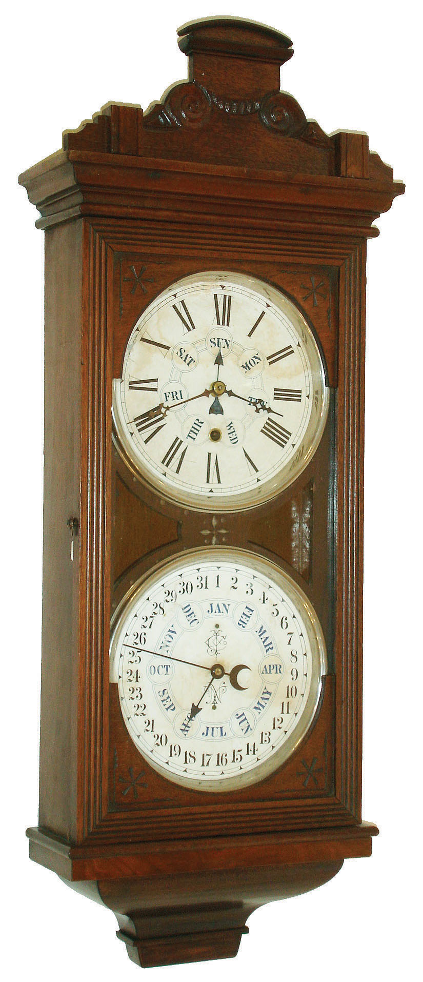 Jerome & Co., (New Haven Clock Co.),  "Register" 8 day, double dial perpetual calendar wall clock, c1880 — Antique Clocks Price Guide