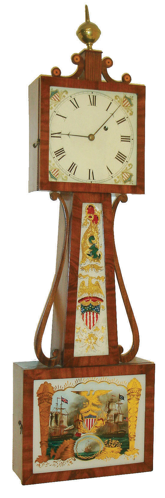 Square head banjo, 8 days, time only, weight driven movement in a mahogany veneer case with painted iron dial and reverse painted tablets, c1830 — Antique Clocks Price Guide