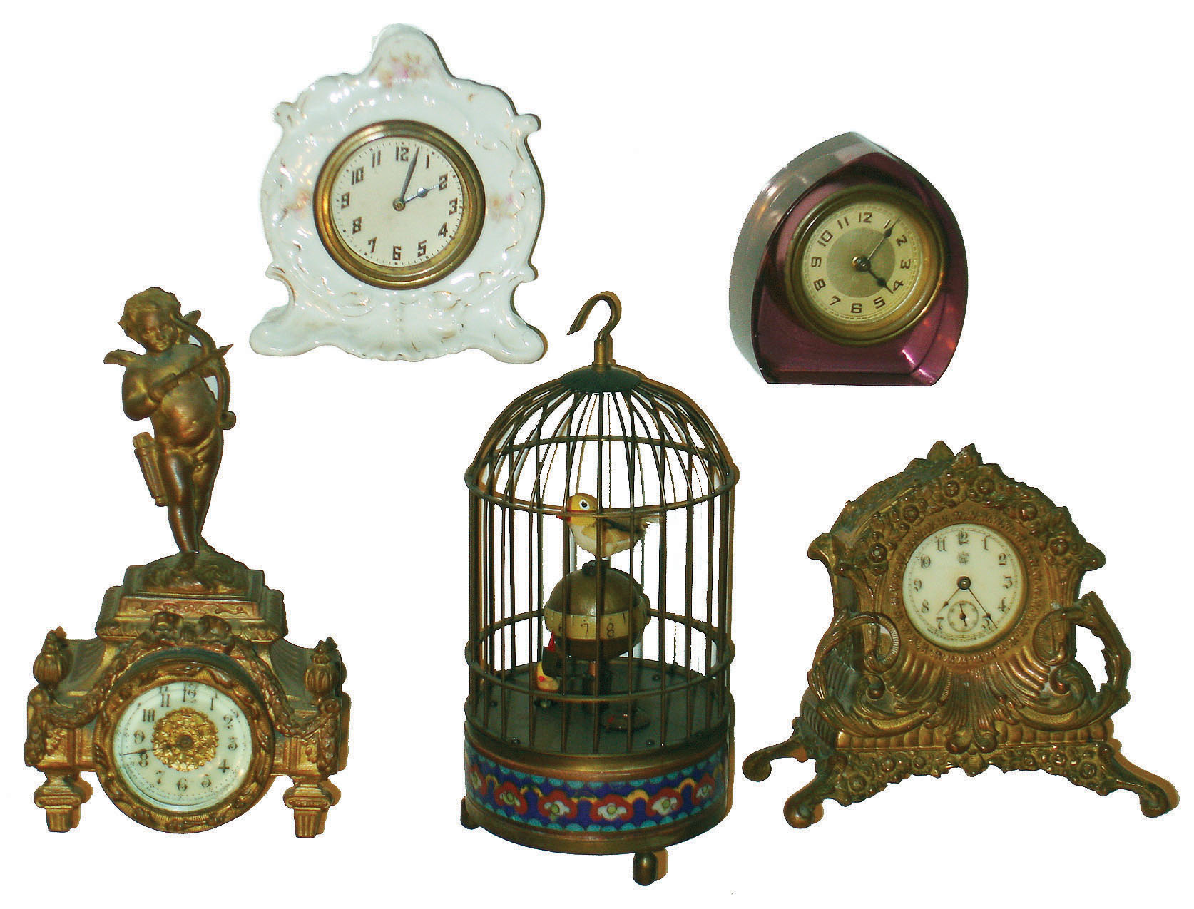 Clocks- 5 (Five): 4 American small novelty clocks; and Japanese birds in cage; early 20th century — Antique Clocks Price Guide