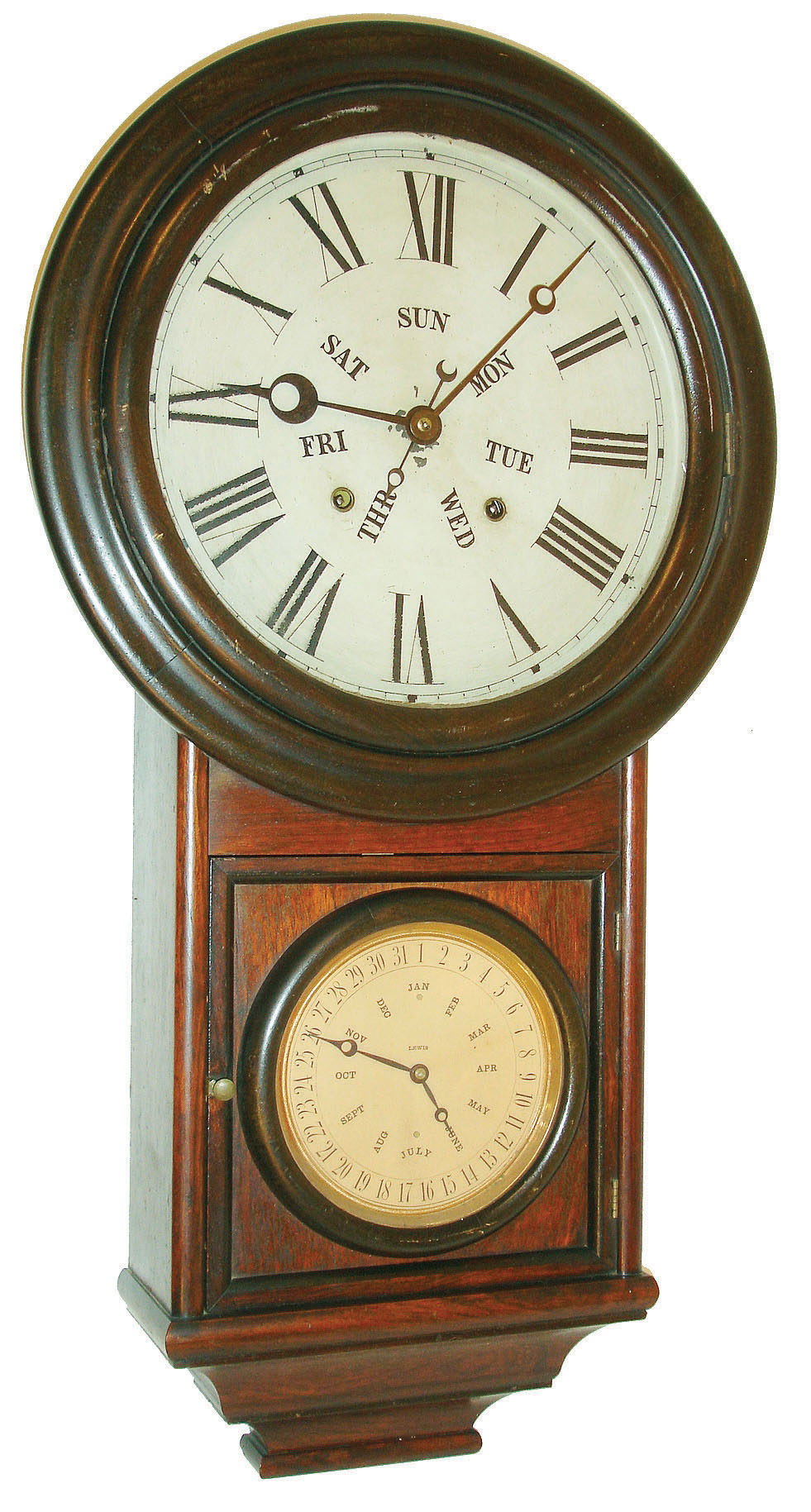 Welch, Spring & Co., Forestville, Conn., " Round Head Regulator No. 4" 8 day, time and strike double dial BB Lewis calendar wall clock. — Antique Clocks Price Guide