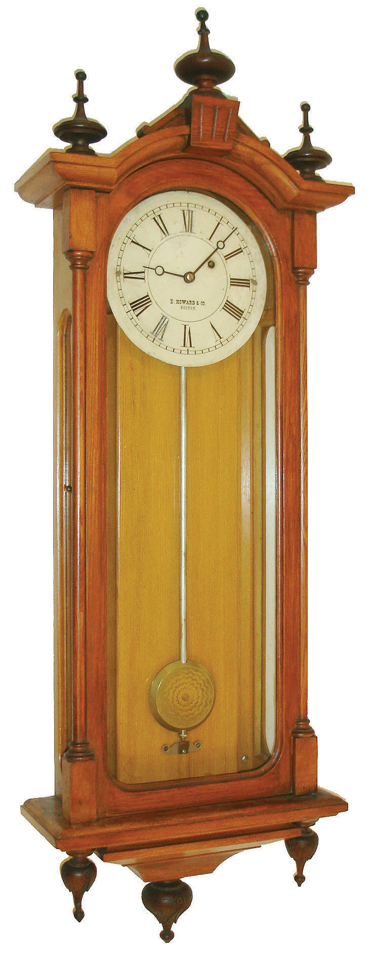 E. Howard & Co., Boston, Mass., "No. 59-8 Regulator" Viennese style wall clock, 8 days, time only, weight driven movement in an oak case with 8" painted metal dial, c1890 — Antique Clocks Price Guide
