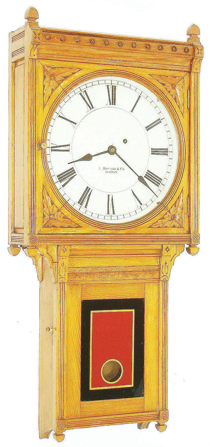 E. Howard & Co., Boston, Mass., "No. 75 Regulator" wall clock, 8 days, time only, weight driven movement in an oak case with painted metal dial and reverse painted tablet, c1900 — Antique Clocks Price Guide