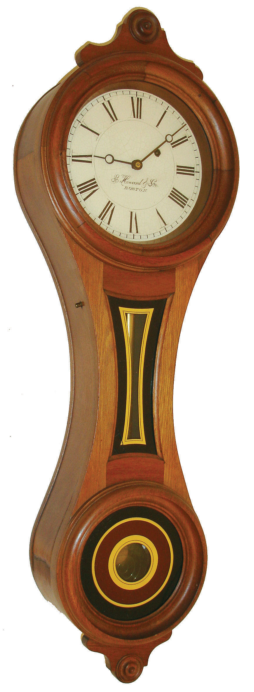E. Howard & Co., Boston, Mass., "No. 10 Regulator" figure eight wall clock, 8 days, time only, weight driven movement in a walnut case with painted iron dial and reverse painted tablets, c1880 — Antique Clocks Price Guide