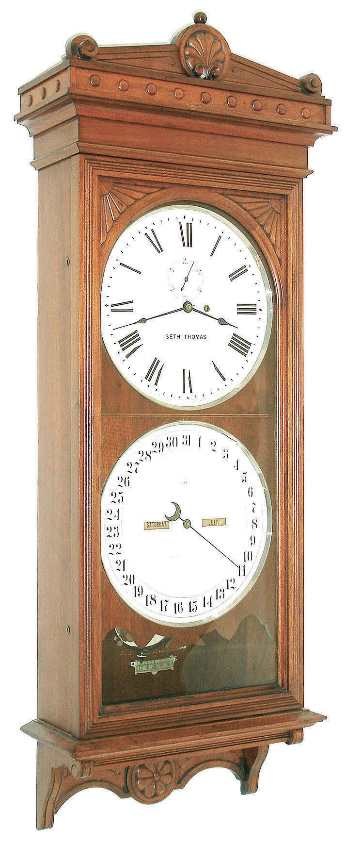 Seth Thomas Clock Company, Thomaston, Conn., "Office Calendar No. 13" wall clock, 8 days, time and perpetual calendar, weight driven movement in a walnut case with painted metal dials and nickel plated brass pendulum bob, c1892 — Antique Clocks Price Guide
