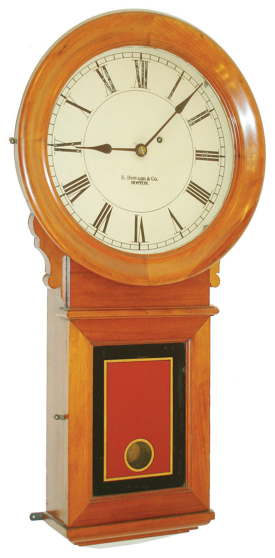 E. Howard & Co., Boston, Mass., "No. 70 Regulator" wall clock, 8 days, time only, weight driven movement in a cherry case with painted metal dial and reverse painted tablet, c1910 — Antique Clocks Price Guide