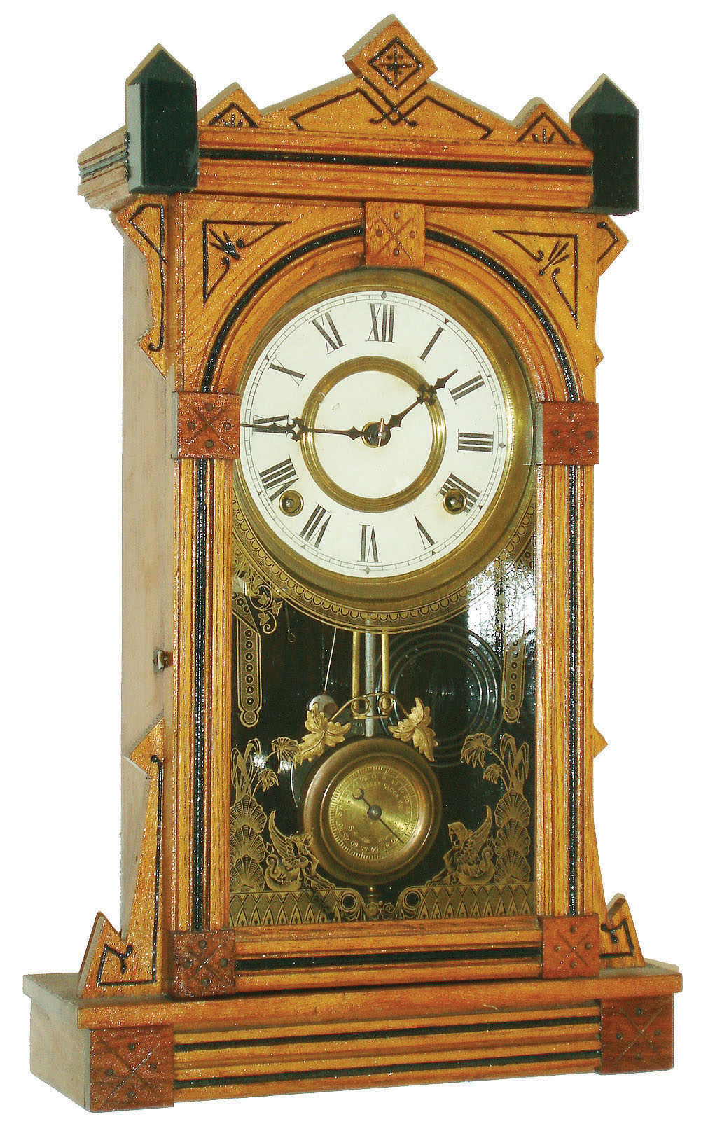 Clocks- 2 (Two): (1) William L. Gilbert Clock Co., "Eros" 8 day time and strike ash and walnut case shelf clock c1885 and (2)  New Haven Clock Co., "Thames", 8 day time and strike walnut shelf clock, c1880. — Antique Clocks Price Guide