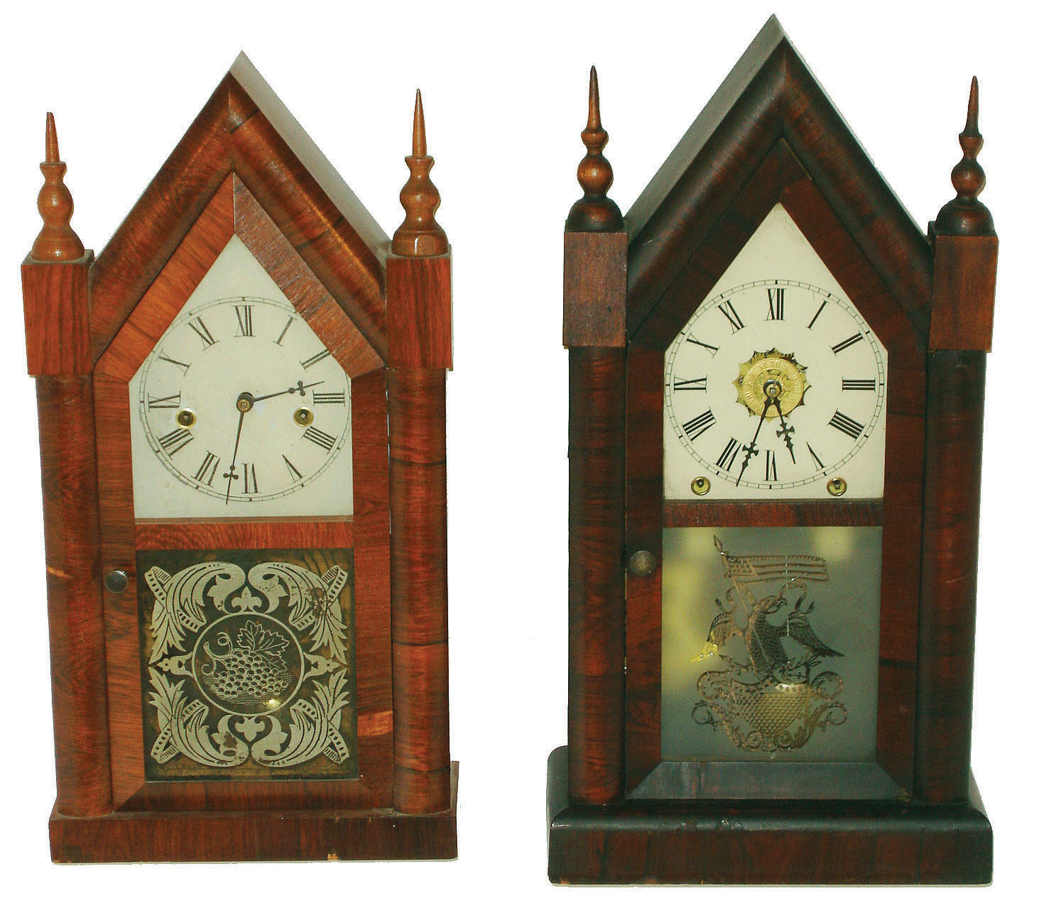 Clocks- 2 (Two) steeple clocks: a New Haven Clock Co., 8 day, time, strike and alarm and a Waterbury Clock Co., 30 hour,  time and strike — Antique Clocks Price Guide