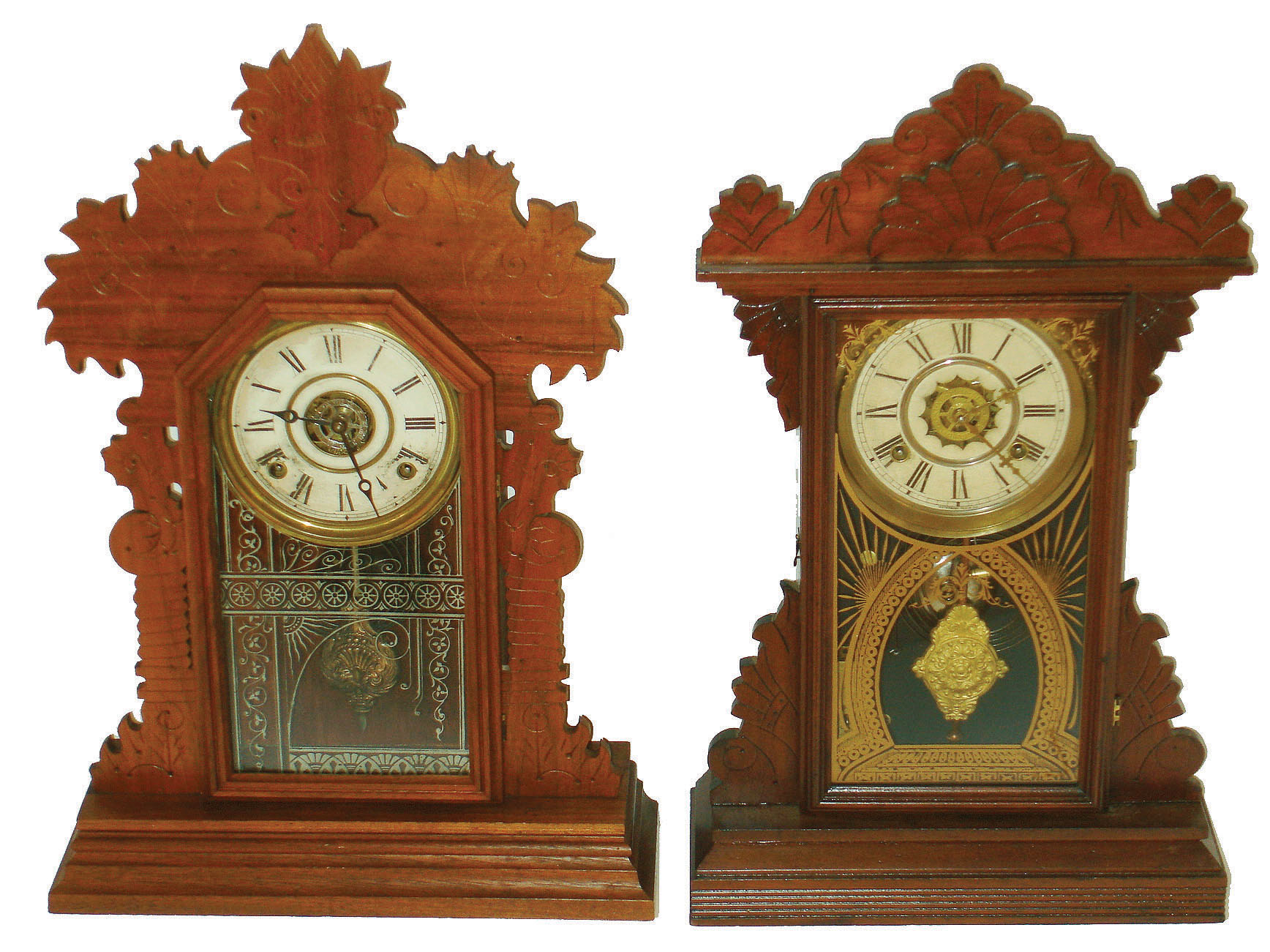 Clocks- 2 (Two): an E. Ingraham & Co., "Sun" 8 day, time, strike and alarm mantel clock, c1891 and a Waterbury Clock Co., time, strike and alarm mantel clock, c1890 — Antique Clocks Price Guide