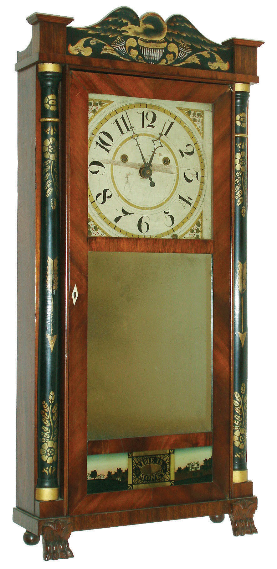 Silas Hoadley, Plymouth, Conn., 30 hour, time, strike and alarm weight upside down wood movement "Franklin" half column & splat shelf clock.  c.1830 — Antique Clocks Price Guide