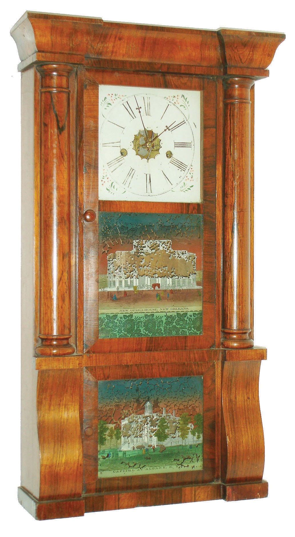 E.N. Welch Mfg. Co., 8 day, time and strike rosewood veneered column & cornice shelf clock, c1865 — Antique Clocks Price Guide