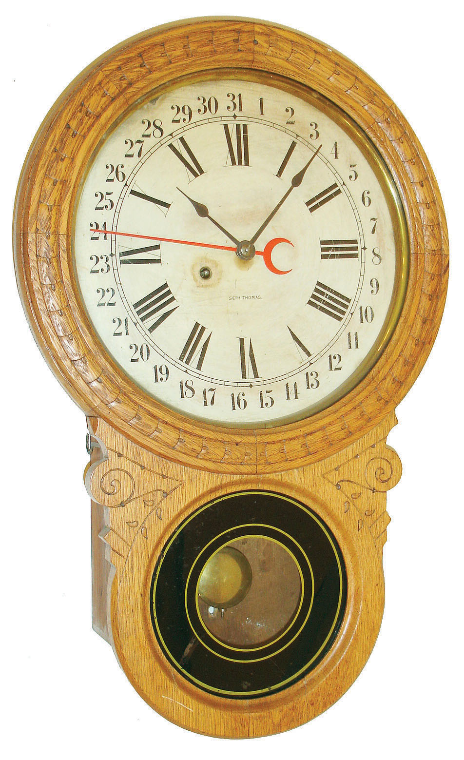 Seth Thomas Clock Co., Thomaston, Conn., 8 day, oak case simple calendar wall clock or timepiece, c1900  We could not find this model in the catalog. — Antique Clocks Price Guide