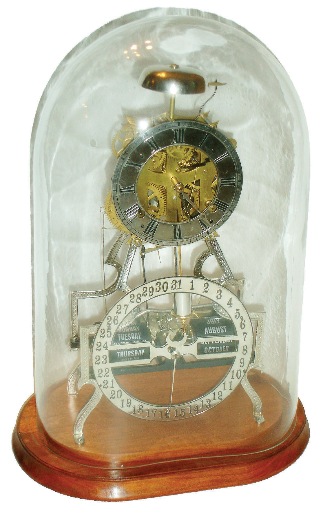 Reproduction by Pro Clocks, China, of Ithaca Clock Co. skeletonized 8 day time and strike calendar clock, on wood base under glass dome, modern — Antique Clocks Price Guide