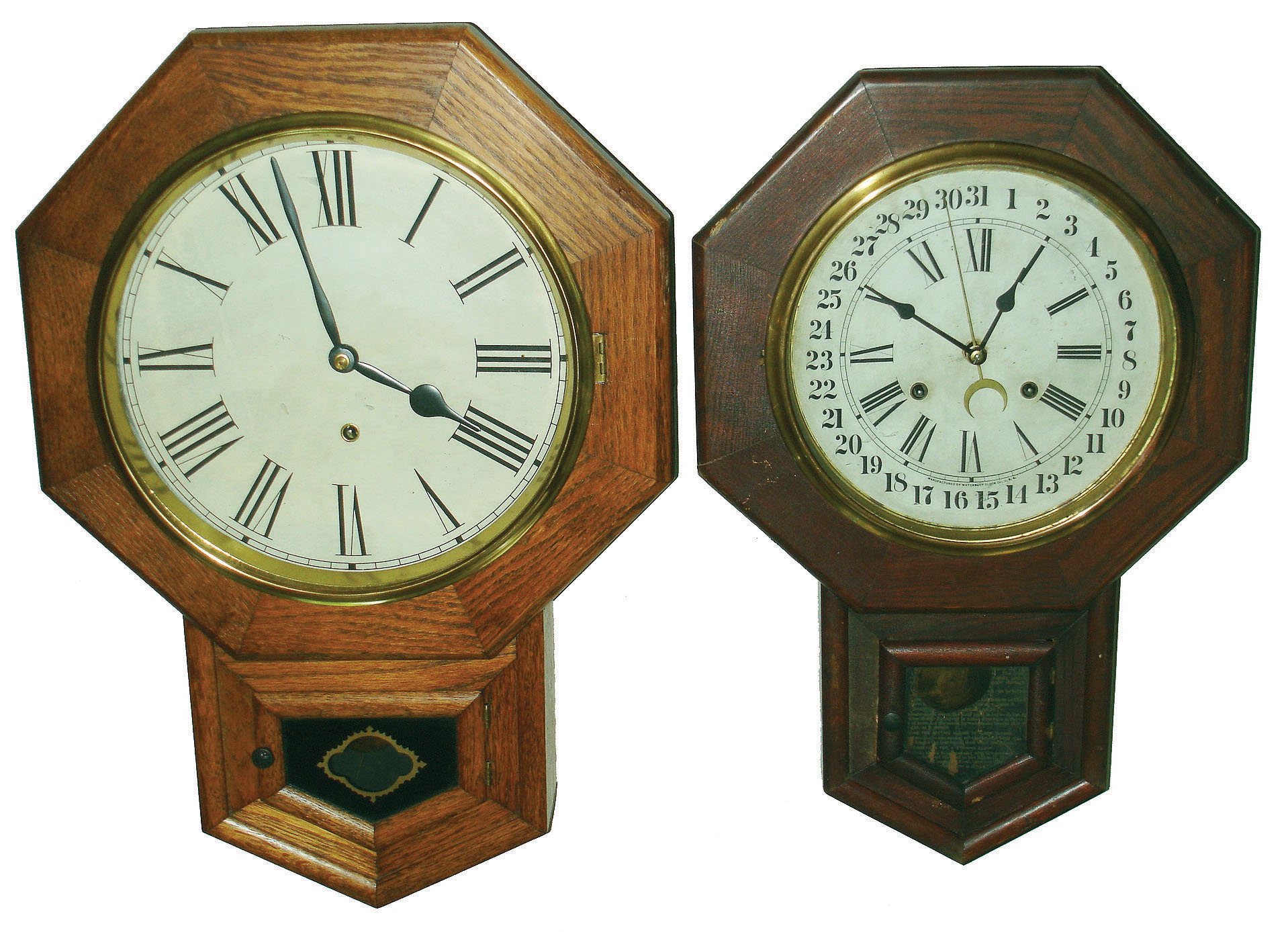 Clocks- 2 (Two) Connecticut 8 day school clocks:  Waterbury "10 Inch Drop" rosewood veneer strike and calendar; New Haven "12 Inch Octagon" oak time only; c1895 — Antique Clocks Price Guide
